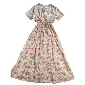 Live Cloth Dress Large Pink Blue Floral Maxi Smocked Waist Tie V-neck Button Up